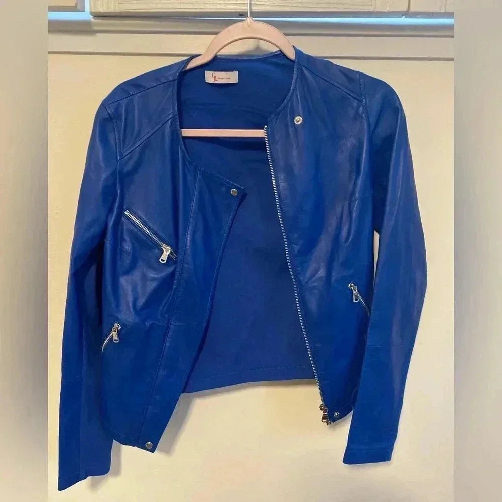 Faux leather fabric combo jacket- electric blue- like new!